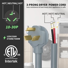 POWGRN 6FT 3 Prong Dryer Cord, Pure Copper Wire, ETL Listed, STW