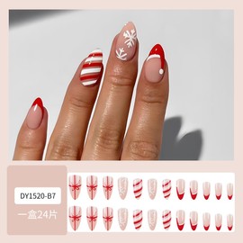 Christmas Press on Nails Medium Almond Fake Nails with Santa Hat Design Red French tips Glue on Nails Snowflake Stick on Nails White Swirl Gift False Nails for Women Girls Holiday Manicure 24pcs