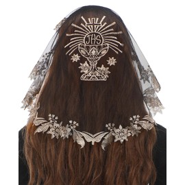 Bozidol Church Catholic Veils for Women Mass - Traditional Short Black Gold Holy Grail & Pomegranate Flower Lace Mantilla Chapel Veils