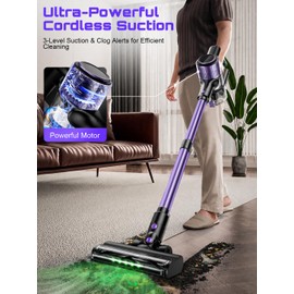 Cordless Vacuum Cleaner, 10 in 1 Stick Vacuum with Powerful Suction, Hose, Green LED Light, Anti-Tangle Brush, Lightweight Rechargeable Vacuum Cleaner for Home, Hardwood Floors,Pet Hair (Purple)