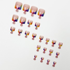 French Tip Press on Toenails Short Square Fake Toenails Sparkly Nude Skin Color Acrylic Full Cover Rainbow Color French Tip Toenail Press ons Cute Summer Glue on Nails Seamless Fit False Toenails Kit