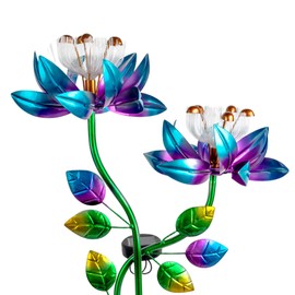 55'' Solar Powered Kinetic Wind Spinner Sculpture Blue Lotus Metal Stake Spinner for Patio, Lawn and Garden Decor Weather-Resistant Outdoor Art with Dual Lotus Design