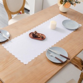 YZKITM Small Solid White Farmhouse Scalloped Table Runner Washable Polyester Cute Everyday Decorative Table Runners 36 Inches Long for Nightstand Bedroom Wedding and Party 13x36 Inchs