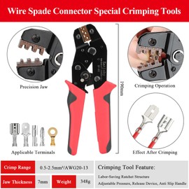 Satisby Spade Connector Crimping Tool, 0.5-2.5mm²/20-13 AWG Ratchet Structure Crimping Tool for 2.8/4.8/6.3mm Male and Female Spade Connectors with 10PCS Thickening 6.3mm Female Terminals