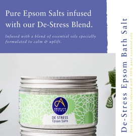 Absolute Aromas De-Stress Epsom Bath Salt 300g - Magnesium Sulphate Infused with 100% Pure Essential Oils - Bergamot, Frankincense, Rose, Jasmine and Lavender Oils - Relieve Daily Tensions