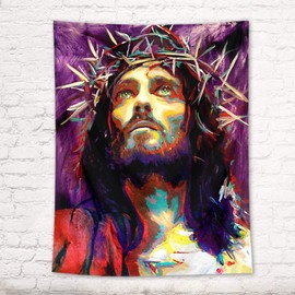 HVEST Jesus Tapestry Christian Faith Christmas Tapestries Watercolor Portrait Church Wall Decor Tapestry Wall Hanging Blanket for Living Room Bedroom Dorm Holiday Party Indie Room Decor 60X40 Inches