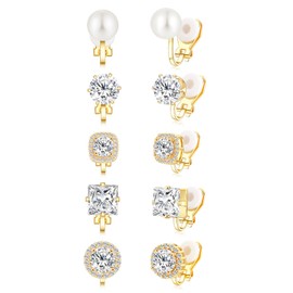 Gold Cubic Zirconia Clip on Earrings - Women Hypoallergenic Comfortable Non Pierced Stud Earrings for Wedding and Dance Competitions, Clip-on Earrings