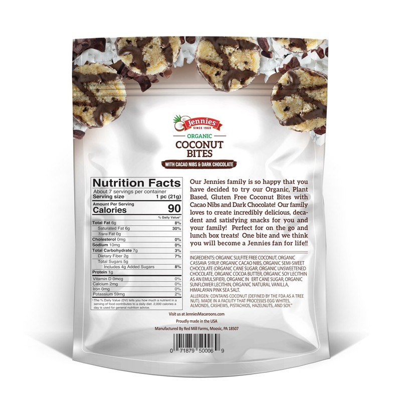 Jennies Organic Coconut Bites with Cacao Nibs and Dark Chocolate,