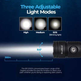 Blue Reef 2000 Lumens Dive Light, High-Powered Rechargeable LED Flashlight, IPX8 Waterproof 100M, 8.6° Beam Angle, 3 Light Modes, Durable Aluminum Alloy, Scuba Diving & Underwater Exploration Torch