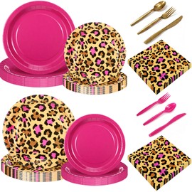 Uiifan 144 Pcs Pink Cheetah Print Party Supplies - Disposable Leopard Birthday Themed Tableware Set for 24 Guests with Plate Plastic Spoons Forks Knives Napkins, Jungle Animal Birthday Cheetah Theme