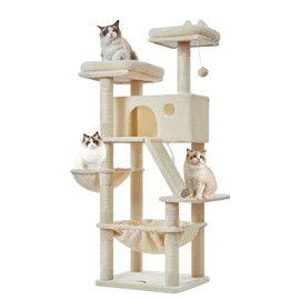 Taoqimiao Cat Tree 57.5-Inch, Cat Tower for Indoor Cats Large Adult, Extra Large Cat Condo, 8 Sisal Scratching Posts, Metal Frame Cozy Hammock, Durable Scratch Board, 2 Top Perches, Beige MS026M