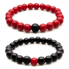 Luxfancy Pulsera de Piedras Naturales, Set de 2 Pulseras de Cuentas, 1 de Regalo, para Hombre o Mujer, Agata, Turquesa, Howlita (Turquesa Roja con Ágata Negra)