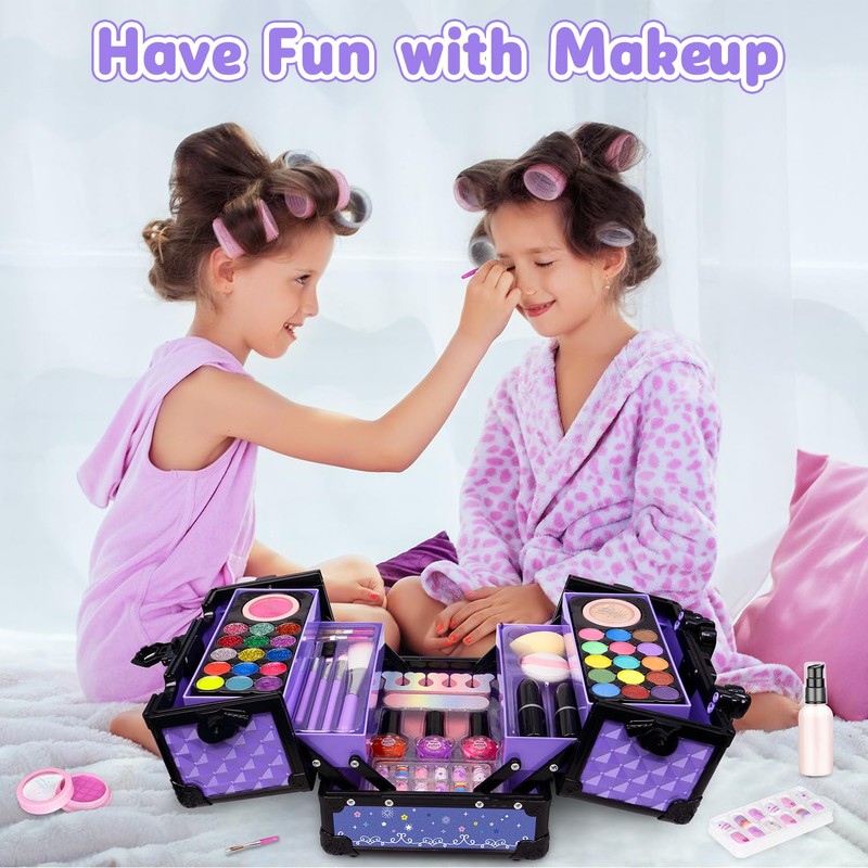 Hollyhi 59Pcs Kids Makeup Kit for Girl, Washable Play Makeup