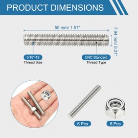 PATIKIL 5/16"-18 UNC Fully Threaded Rod, 1.97" Length 304 Stainless Steel Right Hand Long Thread Bar Studs with Nuts for Pipes Clamps Hangers U-Bolts 6Pcs