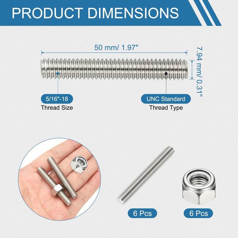 PATIKIL 5/16"-18 UNC Fully Threaded Rod, 1.97" Length 304 Stainless