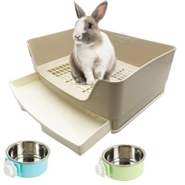 PINVNBY Rabbit Corner Litter Box with Drawer for Cage Small Animal Litter Pan Hanging Pet Feed Bowls Cage Potty Trainer Pet Toilet for Rabbit Bunny Guinea Pigs Chinchilla Ferret