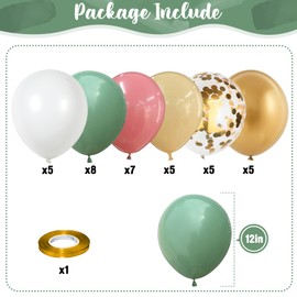 Retro Green Pink Balloons, 35pcs Sage Green Dusty Pink Metallic Gold Latex Balloons Set, Olive Green Pink White Gold Confetti Balloons for Girls Jungle Birthday Baby Shower Wedding Party Decoration