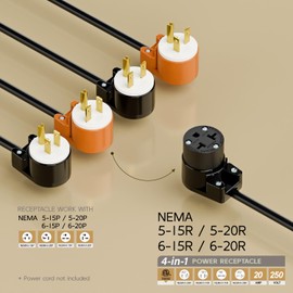 Right Angled Four-in-One Heavy Duty Polarized NEMA 5-15R/5-20R/6-15R/6-20R Female Receptacle,15A/20A 125VOLT, 15A/20A 250V NEMA 4-in-1 Connector, Straight Female Socket Black