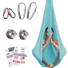 Aum Active Aerial Yoga Hammock - Include Aerial Silk Fabric, Carabiners, Extension Straps, 30-Day Pose Guide - Premium Yoga Swing for Antigravity Exercises, Inversion & Sensory Therapy (Light Blue)