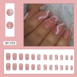 Pink French Tip Press On Nails - Medium Square, Glitter Wavy Stripe Acrylic Coffin Nails with Glue on Full Cover Stick Ons for Women DIY Charm Manicure