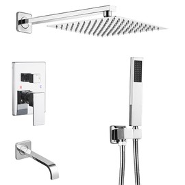 Heable Chrome Shower System Bathroom Shower Faucet Set with Tub Spout Wall Mounted 10 Inch Shower Head and Handle Set with Handheld 3 Function Tub and Shower Trim Kit with Rough-in Valve