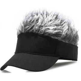 MESU Mens Visor Hat Wig Peaked Baseball Golf Cap with Fake Hair Black Grey