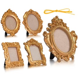 Orlithia Vintage Gold Resin Mini Picture Frames 5-Piece Set - Baroque Style Small Photo Frames for Home Decor