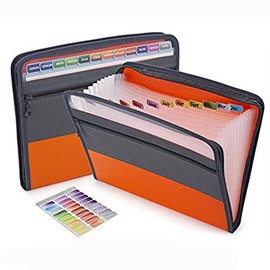 Sooez Expanding File Folder with Sticky Labels, 13 Pocket Accordion File Folder Document Organizer Expanding Zip File Folder with Zipper Closure, Letter A4 Paper Document Accordion Folder, Orange