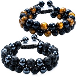 Lianary Black Obsidian Hematite Triple Protection Bracelets - Tiger Eye Beaded Natural Stone Set for Men Women Crystal Gemstone (Double Protection)
