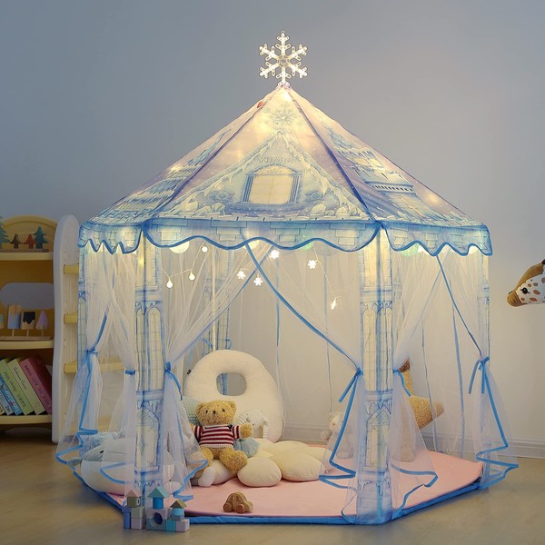 Princess Play Tent, Frozen Toy for Girls, Kids with Snowflake Lights, Playhouse for Toddlers Indoor & Outdoor, Princess Castle Gifts Tent with Rug
