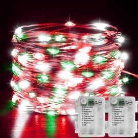 Yayfazy Christmas Lights Indoor Battery Operated, Red White Green Mini Copper Fairy Lights with Auto Timer, 2PACK Total 200LED 65.6Ft 8 Mode Lights for Bedroom, Christmas Tree, Table