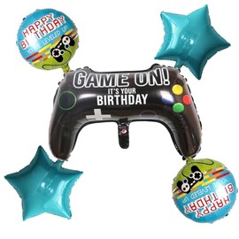 BoningNEW 5PCS Video Game Birthday Balloons Game Controller Round Gaming Balloons Blue pentagram Mylar Foil Balloons for Boys Birthday Party Video Game Party Outdoors Home Decorations Supplies