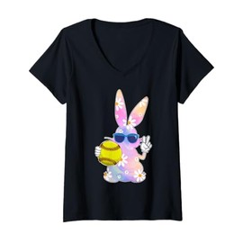 Womens Groovy Cute Easter Bunny Softball Easter Day Men Boys Girls V-Neck T-Shirt