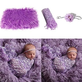ikasus 3 Pcs Newborn Photography Props - Baby Photoshoot Props Wrap Baby Long Ripple Wrap and Toddler Swaddle Blankets Photography Mat with Cute Headbands for Infant Boys Girls