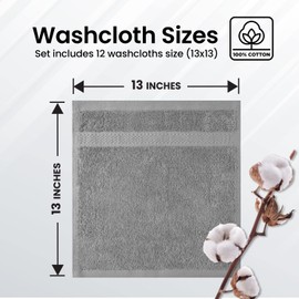Infinitee Xclusives [12 Pack Premium Grey Wash Cloths and Face Towels, [13x13] 100% Cotton, Soft and Absorbent Washcloths Set - Perfect for Bathroom, Gym, and Spa