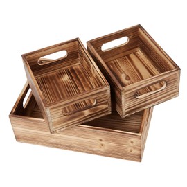 PHOENANCEE Wooden Crate Stackable Decorative Wood Crates set of 3 for Storage Display Rustic Nesting Box Basket Home Decoration Boxes Container Bin with Handles Farmhouse Decor,Solid Pine,L+M+S