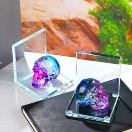 Book Ends for Shelves, Glass Bookends with Blue and Purple Crystal Skull, Day of The Dead Decor, Non Skid Sturdy Crystal Decorative Bookends for Heavy Books, Office, Set of 2
