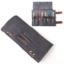 Salon Scissors Bag Roll Up, 12 Pockets Genuine Leather Stylist Grooming Scissors Holder Barber Hair Scissor Shears Cases for Hairdressers (HJ-ZP011-Grey)
