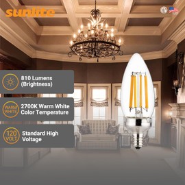 Sunlite 81336 LED Edison B11 Torpedo Tip Chandelier Light Bulb, 7.5 Watts (60 W Equivalent) 810 Lumens, Candelabra E12 Base, Dimmable, ETL Listed, Title-20 Compliant, 90 CRI, 2700K Soft White, 1 Pack