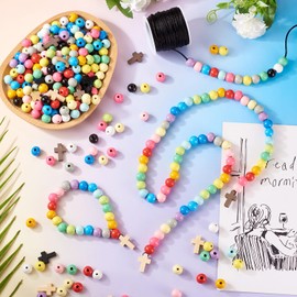 Cheriswelry Rosary Making Set Cross Wood Pendants 12mm Round Wooden Beads with Nylon Cord for DIY Lanyard Keychain Necklace Jewelry Making, About 415Pcs/Box
