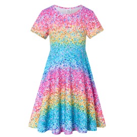 RAISEVERN Little Girls Dress Glitter Rainbow Short Sleeve Casual Sundress Kids Summer Swing Twirly Midi Dresses Size 7