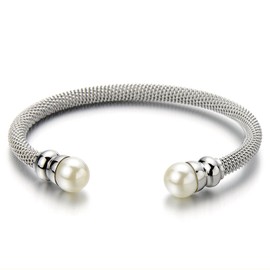 COOLSTEELANDBEYOND Classic Ladies Stainless Steel Bangle Bracelet with Synthetic White Pearl
