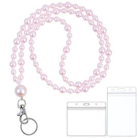 Blynkell Pink Pearl Lanyard for ID Badges Name Tag and Keys for Women Light Weight Acrylic Faux Pearls Sweet Teacher Lanyards Holder 25in