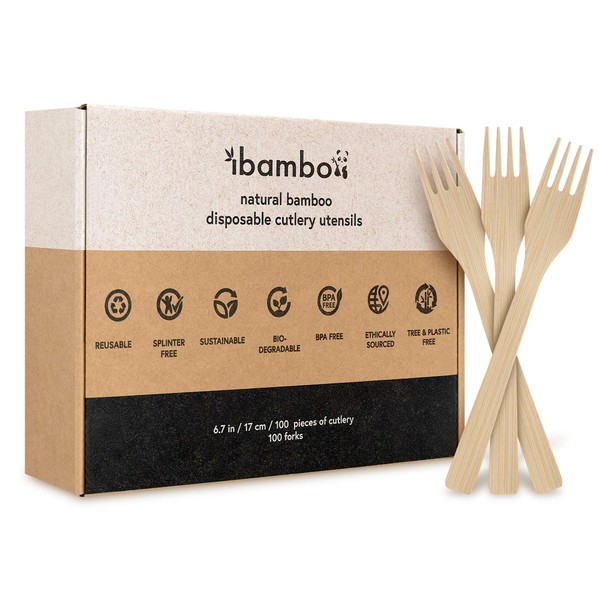 Ibambo Bamboo Forks Set - 100 Biodegradable Utensils (100 Forks) | Reusable or Disposable Bamboo Flatware | Compostable Eco-Friendly Forks for Weddings, Camping, Parties