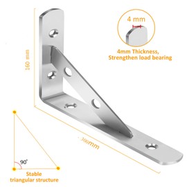 Shelf Bracket Heavy Duty 2 Pcs 90 Degree L Shaped Floating Wall Brackets Stainless Steel Metal Support Joint Angle Bracket Shelf Corner Brace Shelf Bracket White（160x300mm）