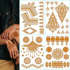 Lezed 9 Sheets Gold Temporary Tattoos, Metallic Festival Accessories, Adult Party Accessories, Used for Everyday Accessories for Girls' Holiday Parties.