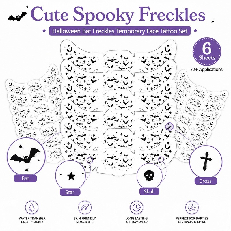 Halloween Bat Freckle Face Temporary Tattoos Stickers for Cosplay Makeup