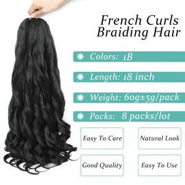 French Curl Braiding Hair, 18 Inch Curly Braiding Hair 8 Packs Bouncy French Curl Crochet Braids for Black Women Pre Stretched Loose Wavy Extensions (1B, 18Inch)