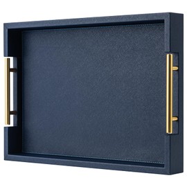 Navy Blue Faux Leather Serving Coffee Tray with Gold Handles,Rectangle Decorative Trays for Home Decor Large Ottoman Tray for Living Room