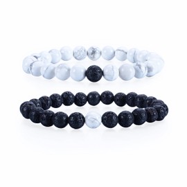 Cherry Tree Collection Couples Distance Bracelets | His and Hers | Gemstone Beaded Stretch Bracelets 8mm Round Beads (Lava and White Howlite - Medium/Medium)